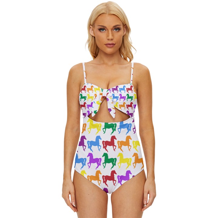 Colorful Horse Background Wallpaper Knot Front One-Piece Swimsuit