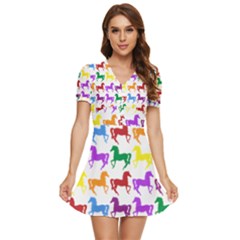 Colorful Horse Background Wallpaper V-Neck High Waist Chiffon Mini Dress