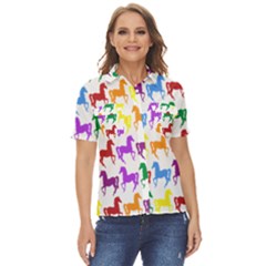 Colorful Horse Background Wallpaper Women s Short Sleeve Double Pocket Shirt