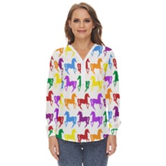 Colorful Horse Background Wallpaper Zip Up Long Sleeve Blouse