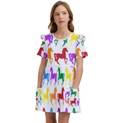Colorful Horse Background Wallpaper Kids  Frilly Sleeves Pocket Dress