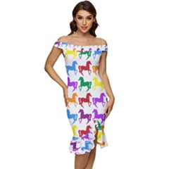 Colorful Horse Background Wallpaper Off Shoulder Ruffle Split Hem Bodycon Dress