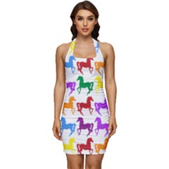 Colorful Horse Background Wallpaper Sleeveless Wide Square Neckline Ruched Bodycon Dress