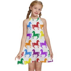 Colorful Horse Background Wallpaper Kids  Halter Collar Waist Tie Chiffon Dress