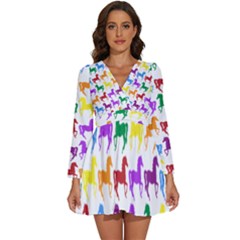Colorful Horse Background Wallpaper Long Sleeve V-Neck Chiffon Dress 