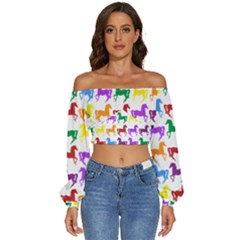 Colorful Horse Background Wallpaper Long Sleeve Crinkled Weave Crop Top