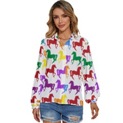 Colorful Horse Background Wallpaper Women s Long Sleeve Button Up Shirt