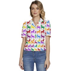 Colorful Horse Background Wallpaper Puffed Short Sleeve Button Up Jacket