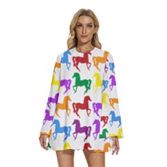 Colorful Horse Background Wallpaper Round Neck Long Sleeve Bohemian Style Chiffon Mini Dress