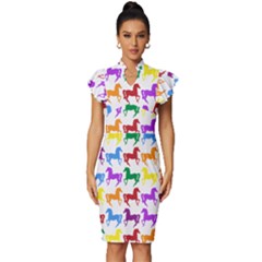 Colorful Horse Background Wallpaper Vintage Frill Sleeve V-Neck Bodycon Dress