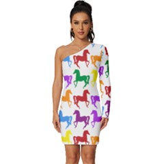 Colorful Horse Background Wallpaper Long Sleeve One Shoulder Mini Dress