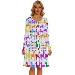 Colorful Horse Background Wallpaper Long Sleeve Dress With Pocket