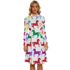 Colorful Horse Background Wallpaper Long Sleeve Shirt Collar A-Line Dress