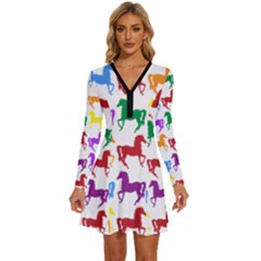 Colorful Horse Background Wallpaper Long Sleeve Deep V Mini Dress 