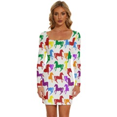 Colorful Horse Background Wallpaper Long Sleeve Square Neck Bodycon Velvet Dress