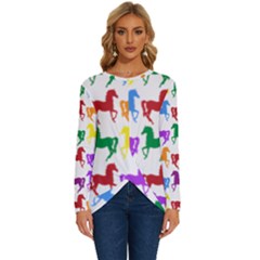 Colorful Horse Background Wallpaper Long Sleeve Crew Neck Pullover Top