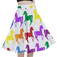 Colorful Horse Background Wallpaper A-line Full Circle Midi Skirt With Pocket