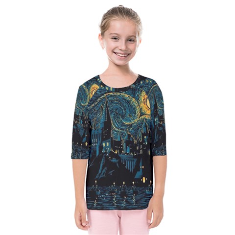 Castle Starry Night Van Gogh Parody Kids  Quarter Sleeve Raglan T-shirt by Sarkoni