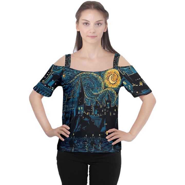 Castle Starry Night Van Gogh Parody Cutout Shoulder T-Shirt