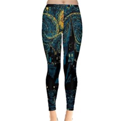 Castle Starry Night Van Gogh Parody Inside Out Leggings by Sarkoni