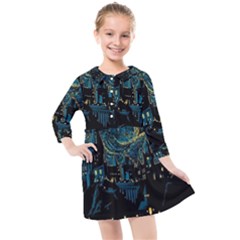 Castle Starry Night Van Gogh Parody Kids  Quarter Sleeve Shirt Dress by Sarkoni