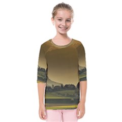 Mountains Village Trees Hills Kids  Quarter Sleeve Raglan T-shirt