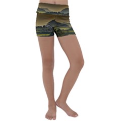 Mountains Village Trees Hills Kids  Lightweight Velour Yoga Shorts by Sarkoni