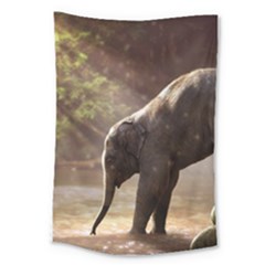 Baby Elephant Watering Hole Large Tapestry