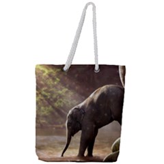 Baby Elephant Watering Hole Full Print Rope Handle Tote (large) by Sarkoni