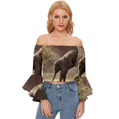 Baby Elephant Watering Hole Off Shoulder Flutter Bell Sleeve Top by Sarkoni