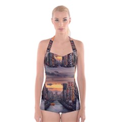 River Buildings City Urban Boyleg Halter Swimsuit 