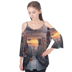 River Buildings City Urban Flutter Sleeve T-shirt 