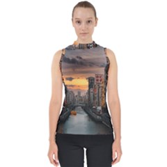 River Buildings City Urban Mock Neck Shell Top by Sarkoni