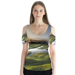 Coast Algae Sea Beach Shore Butterfly Sleeve Cutout T-shirt 