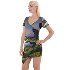 Coast Algae Sea Beach Shore Short Sleeve Asymmetric Mini Dress