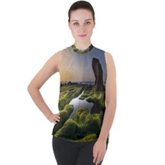 Coast Algae Sea Beach Shore Mock Neck Chiffon Sleeveless Top