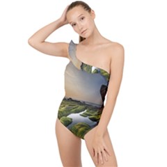 Coast Algae Sea Beach Shore Frilly One Shoulder Swimsuit