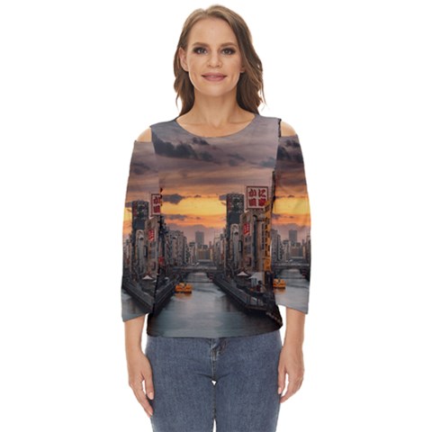 River Buildings City Urban Cut Out Wide Sleeve Top by Sarkoni