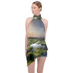 Coast Algae Sea Beach Shore Halter Asymmetric Satin Top