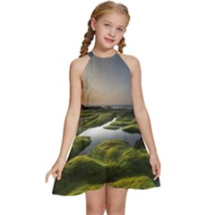 Coast Algae Sea Beach Shore Kids  Halter Collar Waist Tie Chiffon Dress