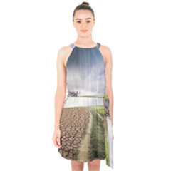Climate Landscape Halter Collar Waist Tie Chiffon Dress by Sarkoni