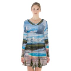 Mountains Trail Forest Yellowstone Long Sleeve Velvet V-neck Dress by Sarkoni