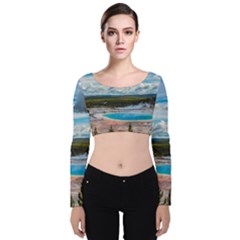 Mountains Trail Forest Yellowstone Velvet Long Sleeve Crop Top by Sarkoni