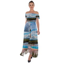 Mountains Trail Forest Yellowstone Off Shoulder Open Front Chiffon Dress by Sarkoni