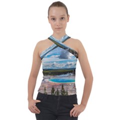 Mountains Trail Forest Yellowstone Cross Neck Velour Top by Sarkoni