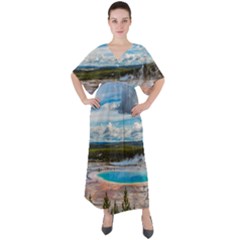 Mountains Trail Forest Yellowstone V-neck Boho Style Maxi Dress by Sarkoni