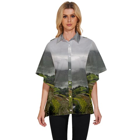 Residential Paddy Field Step Cloud Women s Batwing Button Up Shirt by Sarkoni