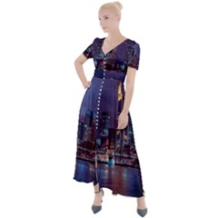 Frankfurt City Skyline Skyscraper Button Up Short Sleeve Maxi Dress