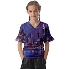 Frankfurt City Skyline Skyscraper Kids  V-neck Horn Sleeve Blouse