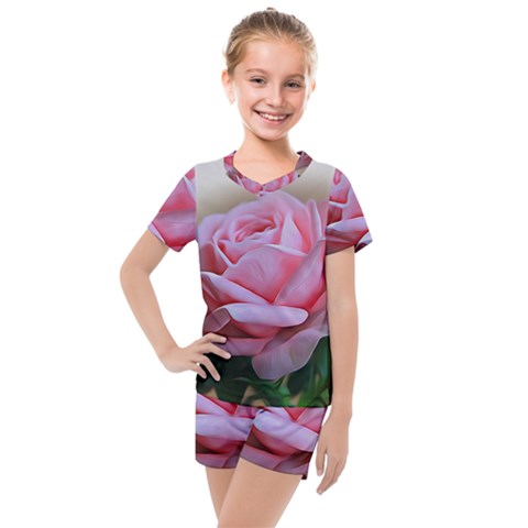 Rose Pink Flowers Pink Saturday Kids  Mesh T-shirt And Shorts Set by Amaryn4rt